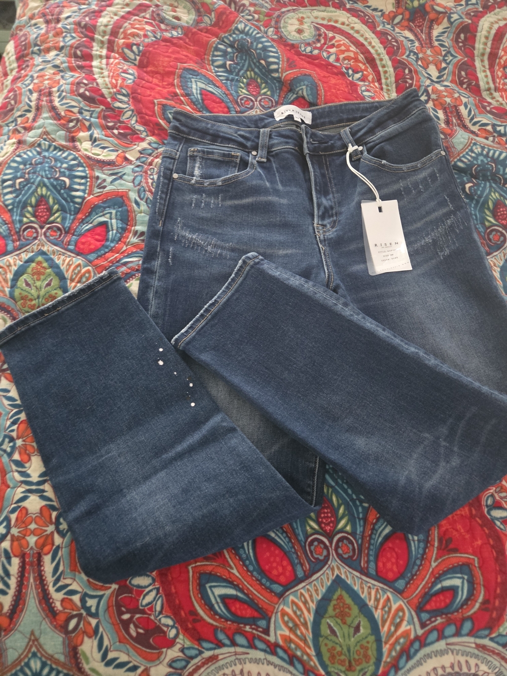 Risen Midrise Tapered Jeans in Dark Blue with Distressed Detail - Picture 5 of 11